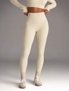 SHEIN BAE Women's Solid Color Minimalist Daily Long Sleeve Top And Pants Seamless High Stretch Sports Set - Beige - View 9