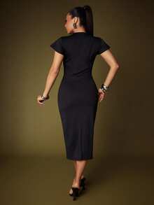 Vixey 黑色纹理针织荷叶边短袖中长连衣裙 - 黑色 - 查看 5