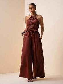 2026 Spring/Summer New Music Festival, Easter, St. Patrick's Day, Valentine's Day, Date, Western, Nomadic Style Women's Halter Neck Ruched Floral Blouse And Wide Leg Pants With Pockets Loose Textured Linen Set - Brown - View 5