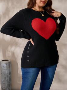 EMERY ROSE Plus Size Women's Cute Black And Red Heart Jacquard Sweater, Autumn Round Neck Long Sleeve Pullover With Decorative Buttons, Slouchy Commute Versatile - Multicolor - View 8