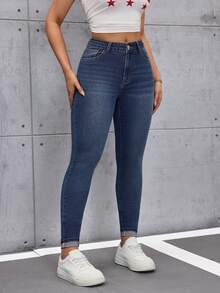 SHEIN Tall Women's High Waist Pockets Casual Versatile Skinny Jeans - Dark Wash - View 5