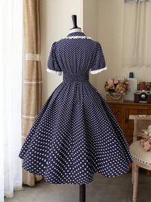Sweetra Fashionable French Vacation Polka Dot V-Neck Short Sleeve Waist Cinched Dress - Navy Blue - View 2