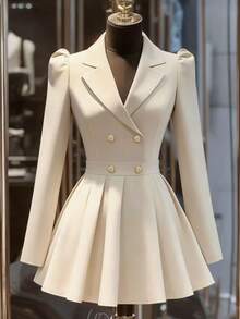 Franclia Fashionable Commuter Notched Collar Double-Breasted Long Sleeve Waist Cinched Women Dress Blazer Dress For Women Suit Dress White Classy Dress Long Sleeve Elegant Dress Elegant Blazer Dress French Style Dress