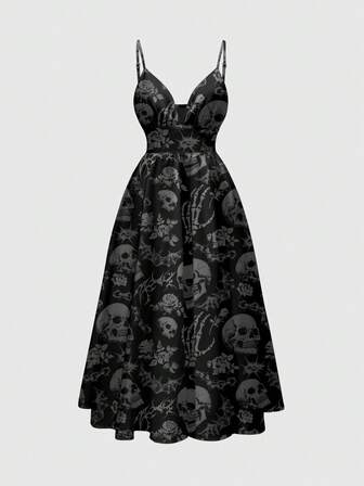 Goth Vestido de mujer con estampado romántico bohemio sexy de escote bajo con tirantes finos, con diseño de calavera y rosa, de estilo gótico hippie, misterioso y oscuro