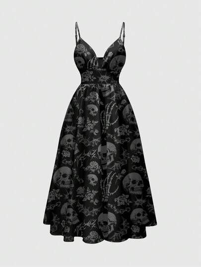 Hippie Gothic Horror Dark Mysterious Skull Rose Full Print Romantic Boho Sexy Spaghetti Strap Low-Cut Women Dress