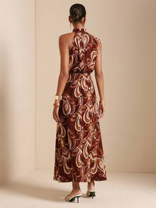 SHEIN Veneréa Vintage Cashew Print Asymmetric Hem A-Line Dress For Women, Vacation - Burgundy - View 2