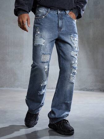 Men's Casual Washed Distressed Rhinestone Decor Denim Jeans