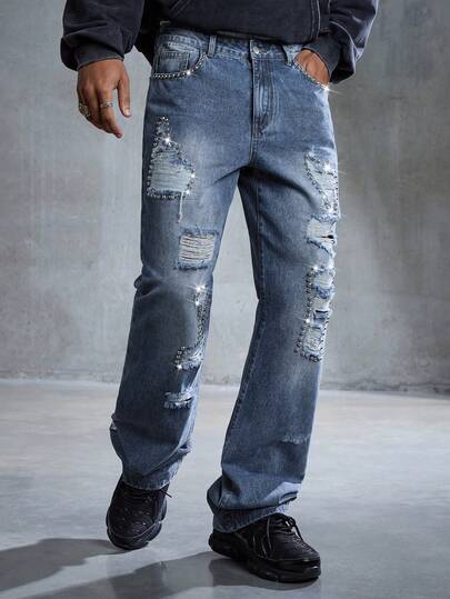 Men's Casual Washed Distressed Rhinestone Decor Denim Jeans