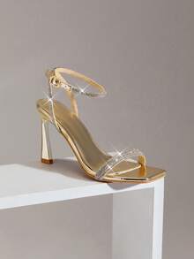 SHUZIA Giày sandal cao gót mũi nhọn quai ngang mắt cá chân bằng vải lấp lấp lánh thanh lịch dành cho nữ. - Vàng - Xem 5