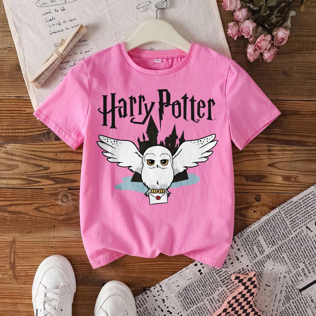 Camiseta de manga corta casual con estampado de letras y búhos para niñas preadolescentes, verano