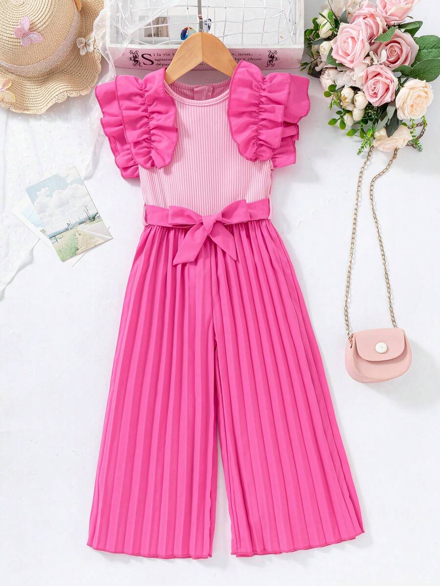 1pc Ruffle Hem Pleated Urban Casual Slim Jumpsuit, Suitable For Outdoor Summer And Gatherings - Hot Pink - View 1