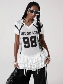 ROMWE Avant 可爱运动甜美印花水钻珍珠荷叶边下摆女式上衣 - 白色 - 查看 4