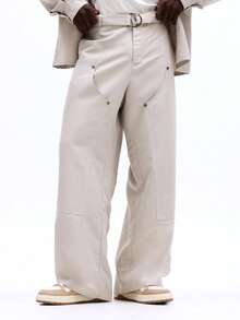 SUMWON Relaxed Fit Carpenter Pants With Self Fabric Belt Multiple Pockets Work Utility Trousers Clean Waist Design Casual Workwear Style - Khaki - View 5