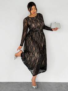 Firerie 大码早春舒适休闲优雅约会派对高档餐厅百搭基础款女式长袖修身弹力连衣裙 - 黑色 - 查看 1