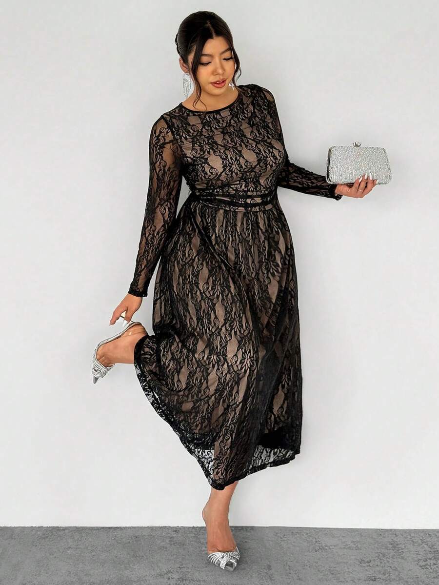 Firerie 大码早春舒适休闲优雅约会派对高档餐厅百搭基础款女式长袖修身弹力连衣裙 - 黑色 - 查看 1