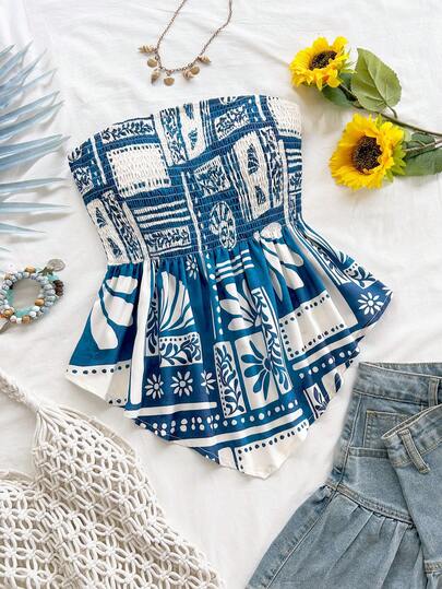 Soleia Women's Vacation Crop Top, Blue & White Ocean Element Print, Fitted, Suitable For Beach, Cruise, City Vacation, Holiday, Date, Afternoon Tea, Music Festival, Boho, Beach Resort, Island Resort, Beach Vacation, Music Festival, Versatile For All Seasons, Daily Commute