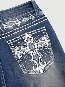 ROMWE Grunge Punk Y2K Retro Midriff-Baring Pocket Cross Wing Embroidery Fitted Flare Leg Women Jeans