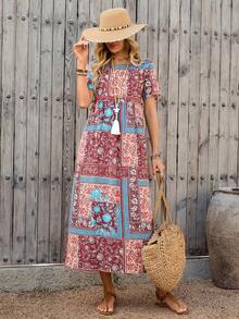 EMERY ROSE 女士夏季长款连衣裙，短袖，大碎花印花。 - 藍色 - 查看 8