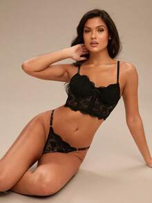 Enchnt Elegant Black Lace Three-Piece Lingerie Set With Sheer Floral Details Lace Bra Set Black Lace Lingerie Set Floral Lace Lingerie Set - Black - View 6