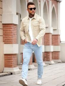 Manfinity Homme Chaqueta vaquera casual de corte slim en color verde militar para hombres - Caqui - Ver 4