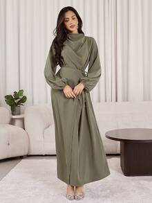 Veilorie 女士纯色褶皱腰带设计休闲派对灯笼袖阿拉伯连衣裙 - 軍綠色 - 查看 6