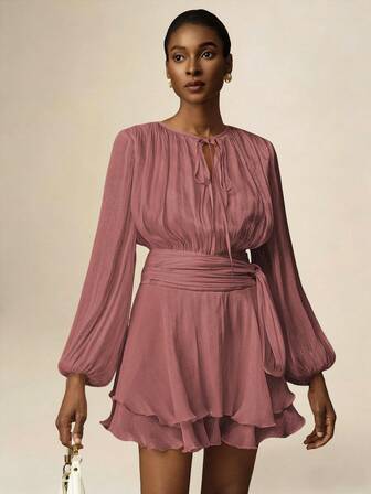 Vesra Apricot Color Tie-Up Loose Long Sleeve Ruffle Hem Elegant Mini Dress For Women