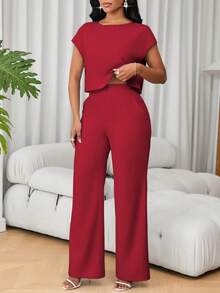 SHEIN Unity 法式圆领短袖休闲上衣和高腰阔腿裤两件套女装 - 酒紅色 - 查看 4