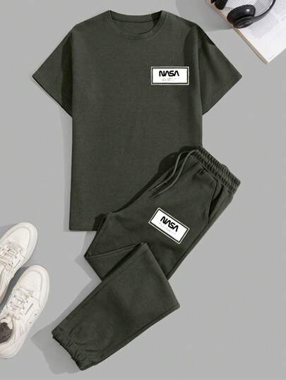 EURMUSE Set tricou și pantaloni bărbătești cu imprimeu de tip waffle