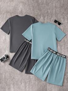 SHEIN 4件套青少年男童简约字母图案弹力腰纯色休闲家居服套装，舒适百搭，适合日常穿着、上学、郊游、户外运动、音乐节、节日派对、夏季海滩度假、春夏等场合。 - 彩色 - 查看 5