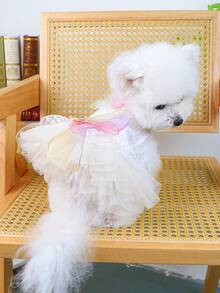 PETSIN 1 件猫狗服装，宠物公主蓬蓬裙，带彩虹蝴蝶结 - 蕾丝薄纱裙，适合小型犬和猫 - 米色 - 查看 7