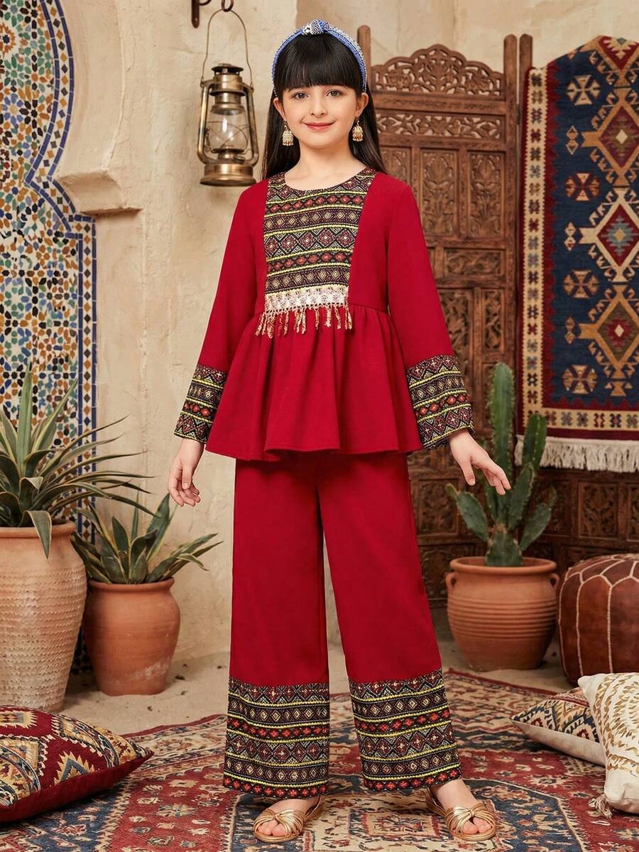 SHEIN Tween Girl Burgundy Autumn Wedding Guest Striped Patchwork Ruffle Trim Round Neck Long Sleeve Top And Straight Leg Pants Set,Children's Jalabiya Abaya - Red - View 1
