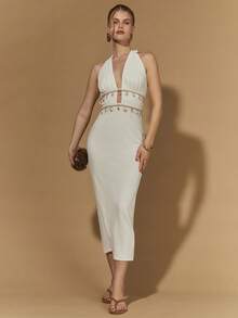 COSMINA Rochie elegantă de damă, cu decolteu în V, model scoică, de lungime medie, versatilă pentru naveta, vacanță, stil boem, nuntă, întâlnire, Ziua Îndrăgostiților - Caisă - Vizualizare 3