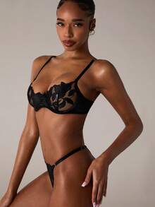 SHEIN BAE Embroidered Mesh Sexy Lingerie Set - Black - View 8