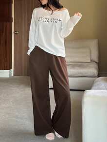DAZY 女士简约字母印花T恤和裤子家居服套装 - 白色 - 查看 5