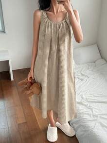 DAZY Plaid Pleated Sleeveless A-Line Dress, Women Loungewear