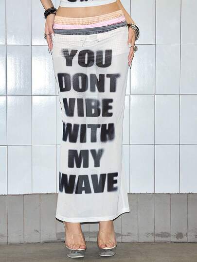 ROMWE Avant Gonna a matita in rete trasparente con design a più strati in vita, con stampa di slogan e plaid patchwork