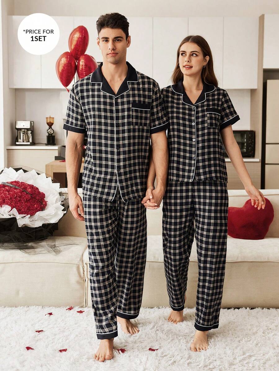 SHEIN Contrast Trim Plaid Print Lapel Collar Men's Pajama Set - Black - View 1