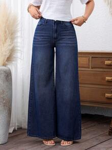 SHEIN Plus Size Women Blue Non-Stretch Wide Leg Cowgirl Jeans, Spring Outfits - Dark Wash - View 5