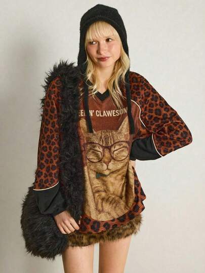 Y2Kool Maria Clara Maia Women's Leopard Print Patchwork Contrast Color Cat Y2K Streetwear V-Neck Long Sleeve Loose Casual Sweatshirt, Suitable For Autumn/Winter Parties, Gatherings And Daily Wear Ahs Style Cat Shirt Animal Print Grunge Gyaru Graphic Tops Animal Print Shirt Springs Women Birthday For Women Carnival