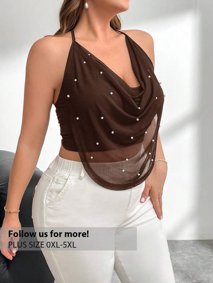 Firerie Áo hai dây và áo tank top cỡ lớn, thoải mái, giản dị, thanh lịch, đa năng, thích hợp cho kỳ nghỉ, buổi hòa nhạc, lễ hội âm nhạc, xếp ly, cổ rủ, đính ngọc trai, lưới, hở lưng, dự tiệc, mùa xuân/hè. - Cà phê nâu - Xem 1
