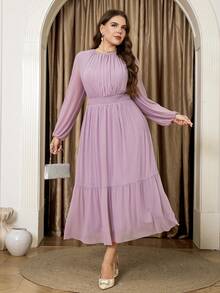 Veilorie Plus Size Women's Solid Color Round Neck Lantern Sleeve Shirred Waist Elegant Dress - Pink - View 3