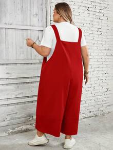 SHEIN CURVE+ Quần yếm nữ cỡ lớn màu đen với dây đeo có thể điều chỉnh, cài nút và túi ở ống quần xẻ tà, thích hợp cho mùa xuân. - Đỏ - Xem 2