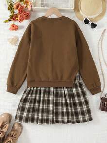 Emery Rose Kids Emery Rose Kids 少女撞色长袖休闲连衣裙，校服裙，卫衣裙，秋冬款 - 棕色 - 查看 3