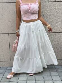 GalTyme Plus Size Loose Fit White Layered Cake Knee-Length Summer Skirt - White - View 6