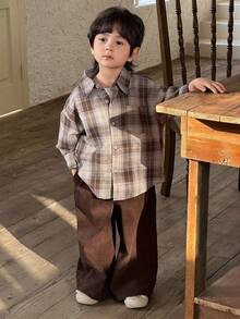 DAZY 男童休闲格子衬衫套装，宽松版型，日系风格，秋季款