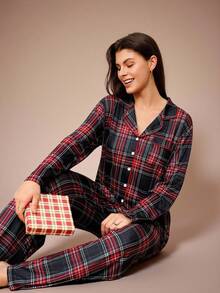 Lazeform Doze Lane Women's Casual Plaid Print Lapel Button-Front Long Sleeve Top & Pannts Pajama Set, Cozy And Elegant Details, Fall Clothes Ladies Nightsuit Lounge Sets, Sleepwear Women Lounge Wear Sets, Women Sleepwear Pajama Sets Winter, Christmas - Multicolor - View 1