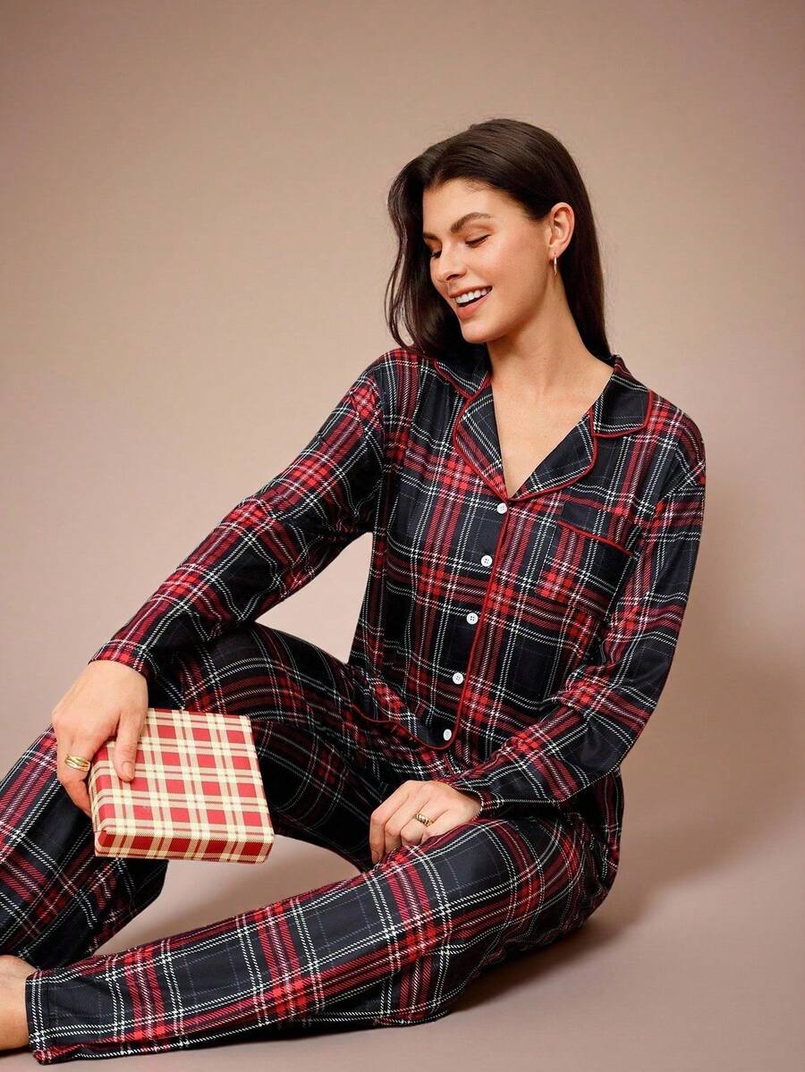Lazeform Doze Lane Women's Casual Plaid Print Lapel Button-Front Long Sleeve Top & Pannts Pajama Set, Cozy And Elegant Details, Fall Clothes Ladies Nightsuit Lounge Sets, Sleepwear Women Lounge Wear Sets, Women Sleepwear Pajama Sets Winter, Christmas - Multicolor - View 1