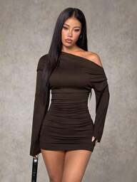 SHEIN PETITE Women's Solid Color Minimalist Casual Asymmetrical Shoulder Dress,Dresses For Going Out, Casual Dresses, Sexy Fall Dresses For Women With Backless Details, Winter Dresses For Women, Off-The-Shoulder Dresses, Brown Dresses,