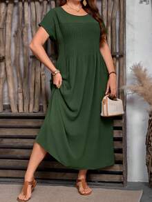 SHEIN 大码休闲纯色双口袋连衣裙 - 軍綠色 - 查看 3