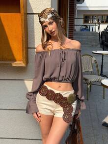 Chiquease Áo kiểu voan trễ vai, phối ren, dáng rộng rãi, tôn dáng, thiết kế buộc dây phía trước thanh lịch, phù hợp cho mùa xuân và mùa thu. - Cà phê nâu - Xem 1